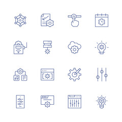 Settings line icon set on transparent background with editable stroke. Containing outsourcing, fuel, content management, phone, settings, cloud settings, time management, idea, setting.