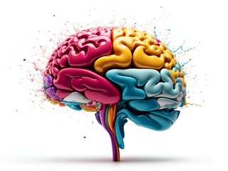 Creative 3D brain made with CYMK colors on a white background