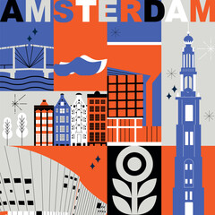 Typography word Amsterdam branding technology concept. Collection flat vector web icons. Culture travel set, famous architectures, specialties silhouette. European famous landmark, split video screen