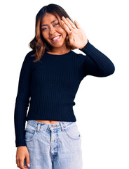 Young beautiful mixed race woman wearing casual clothes showing and pointing up with fingers number four while smiling confident and happy.