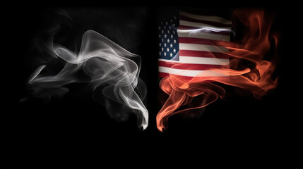 American and Chinese flags in smoke shape on black backgroun. Generative Aid - obrazy, fototapety, plakaty