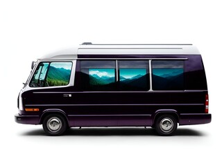 a minibus with a landscape of mountains and forests