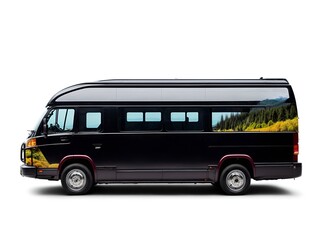 a minibus with a landscape of mountains and forests