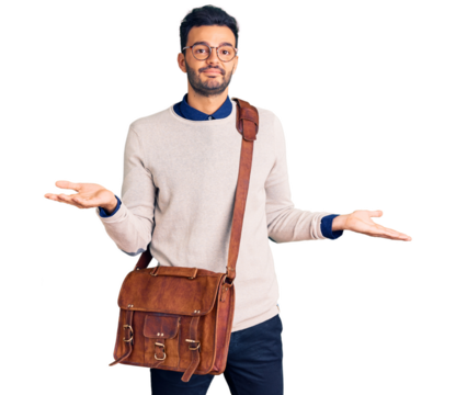Young handsome hispanic man wearing leather bag clueless and confused expression with arms and hands raised. doubt concept.
