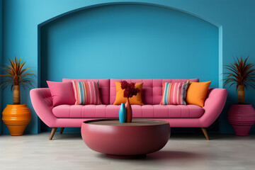 Modern living room interior with blue walls and pink sofa decorated with orange cushions and vase...