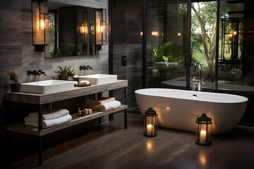 luxury bathroom interior with wooden floor, bath, washbasin and towel. ai generated