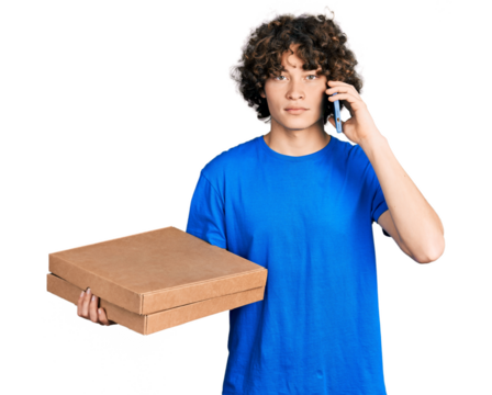 Caucasian teenager holding delivery package and talking by the smartphone relaxed with serious expression on face. simple and natural looking at the camera.