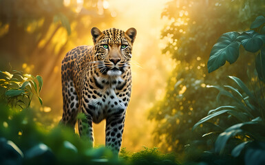Jaguar Leopard  Tier abwartend stehend beobachtet im Dschungel grüne Pflanze und Blätter mit Tiefenunschärfe in goldener Stunde warmes Licht Raubkatze grzil und Schönheit als Hintergründe und Vorlagen