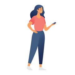 Full length woman holding a smartphone in her hands. Modern flat vector illustration isolated on white background