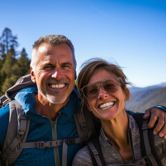 Middle-aged couple hiking in the mountains, enjoying life, retirement, happiness 
