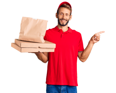 Handsome blond man with beard holding take away food smiling happy pointing with hand and finger to the side