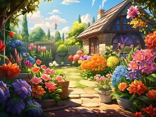Fototapeta na wymiar Gardening Concept, Garden Flowers and Plants on a Sunny Background. Generative Ai