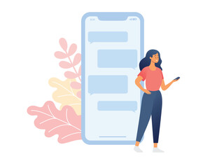 Full length woman holding a smartphone in her hands and a big phone with a chat on a screen on background. Modern flat vector illustration isolated on white background