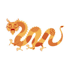 Asian zodiac sign, Chinese dragon with patterns character flat illustration. 2024 Lunar New Year hand drawn vector. Asian style design. Element for traditional holiday card, banner, poster, decor