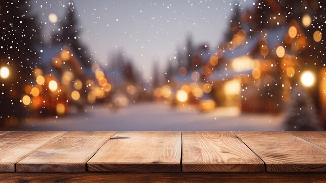 Christmas background with a brown wooden table