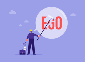 Reducing ego, cultivating humility, recognizing value in different perspective, being open to feedback and constructive criticism, businessman deflating word EGO - obrazy, fototapety, plakaty