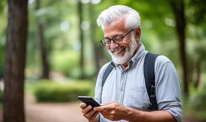 Obraz premium Cheerful Senior Man Enjoying the Outdoors, Embracing Serenity with a Mobile Phone in Hand.