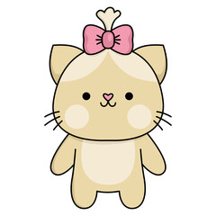 Vector cartoon kawaii cat girl with bow. Line kitty isolated clipart. Cute kitten colored outlined illustration. Funny Saint Valentine day icon for kids with love concept.