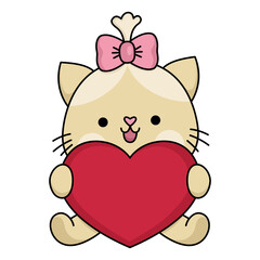 Vector cartoon kawaii cat girl sitting with heart. Kitty isolated clipart. Cute kitten colored outlined illustration. Funny Saint Valentine day icon for kids with love concept.