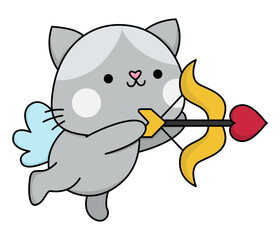 Obraz premium Vector cartoon kawaii cat cupid with wings, bow and arrow. Kitty isolated clipart. Cute kitten illustration. Funny Saint Valentine day icon for kids with love concept.