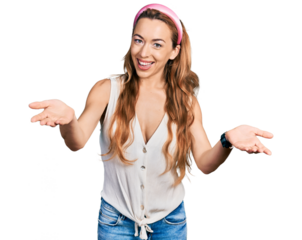 Young caucasian woman wearing casual style with sleeveless shirt smiling cheerful offering hands giving assistance and acceptance.