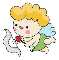 Vector cartoon kawaii cupid with wings, bow and arrow. Amour isolated clipart. Cute angel illustration. Funny Saint Valentine day icon for kids with love concept.