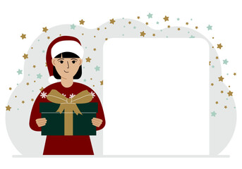 A woman in a red sweater is holding a large gift box with a bow. New Year or Christmas.