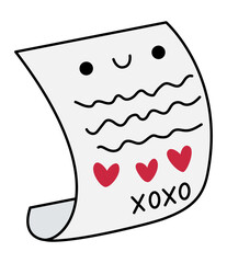 Vector cartoon kawaii love letter. Colored paper sheet isolated clipart. Cute message illustration. Funny Saint Valentine day icon for kids with love mail concept