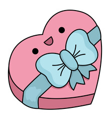 Vector cartoon kawaii heart shaped candy box with bow. Present with sweets clipart. Cute gift illustration. Funny Saint Valentine day icon for kids with love concept.