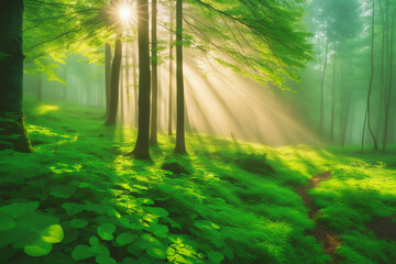 beautiful nature at morning in the misty spring green forest with sun rays