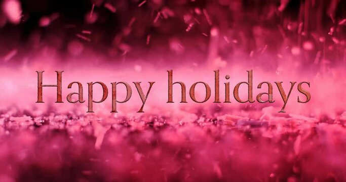 Animation of happy holidays text over pink star shapes falling on ground