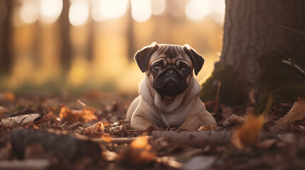 Fawn pug puppy in the forest (AI Generated) - 687048331