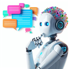 AI robot thinking with speech bubble on a white background 3d rendering