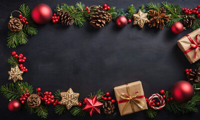 Fototapeta na wymiar Christmas background over black chalkboard.Copy space for text. Ai generated