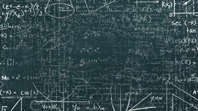 Animation of mathematical equation and diagrams over blackboard