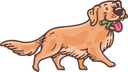 A Funny Cartoon Golden Retriever Dog Running with a Bone in Its Mouth