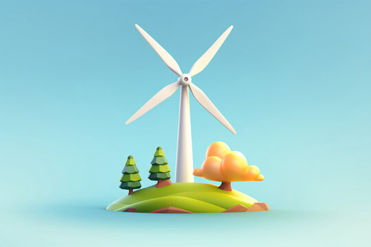 Wind power renewable energy ecology, environmental protection concept scene 3D illustration