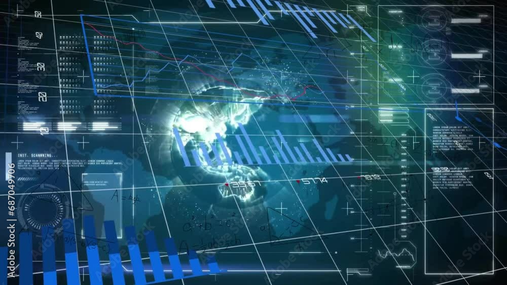 Poster animation of globe, multiple graphs, changing numbers loading circles, bars over abstract background