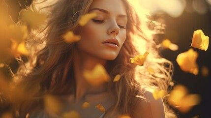 Yellow petals delicately cascade onto young girl face in close up portrait embodies essence of youth femininity and tenderness, ephemeral nature of youth and timeless allure of feminine grace