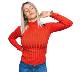 Beautiful blonde woman wearing casual clothes stretching back, tired and relaxed, sleepy and yawning for early morning