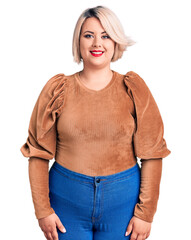 Young blonde plus size woman wearing casual sweater with a happy and cool smile on face. lucky person.