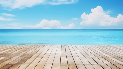 Wooden pier with blue sea and sky background, AI Generative.
