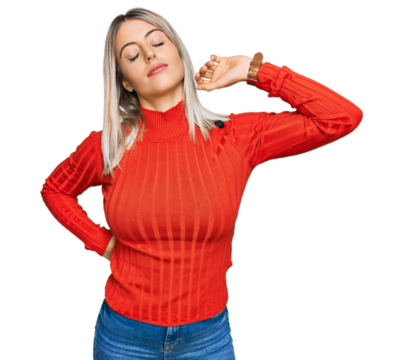 Beautiful blonde woman wearing casual clothes stretching back, tired and relaxed, sleepy and yawning for early morning