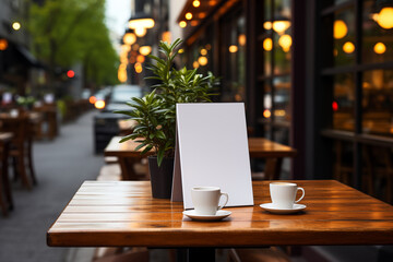 Blank white menu mockup on wooden table in outdoor cafe at night. Bokeh background.