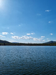 Blue sky and calm lake.