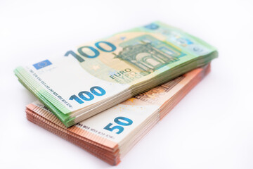 Cash euro bills on white background, money