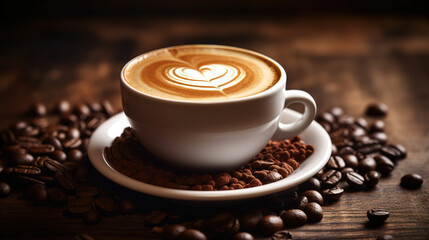 Heart shaped coffee beans and cup of latte on wooden illustration. Generative Ai