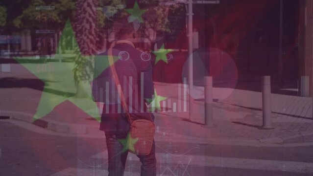 Animation of graphs, loading bars, china flag, biracial man using smartphone while crossing street
