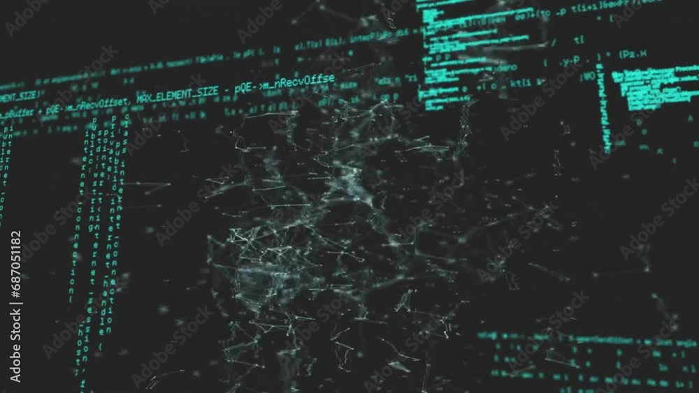 Poster animation of computer language and connected dots over black background