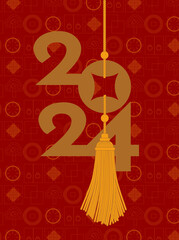 A 2024 golden character design with coin and tassel, set against a background of traditional Chinese lucky symbols: Celebrating the Chinese New Year.